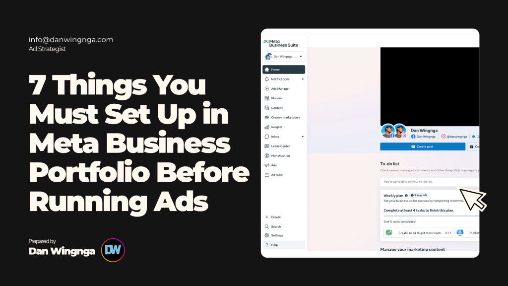 Featured image for a blog post about the 7 most important Meta Business Portfolio settings to set up before running ads.