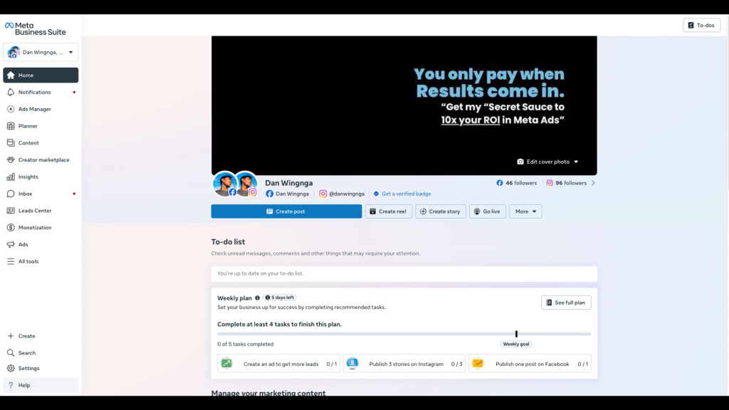 Meta Business Suite dashboard overview showing business assets, including Pages, ad accounts, Instagram accounts, and settings.