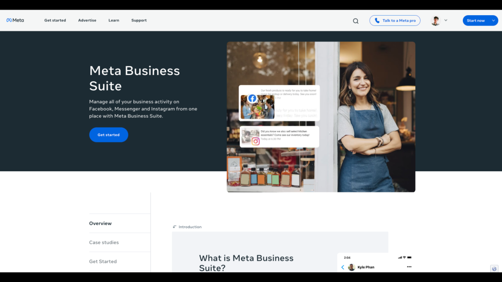 Meta Business Suite homepage or login screen at business.facebook.com for creating a Meta Business Portfolio.