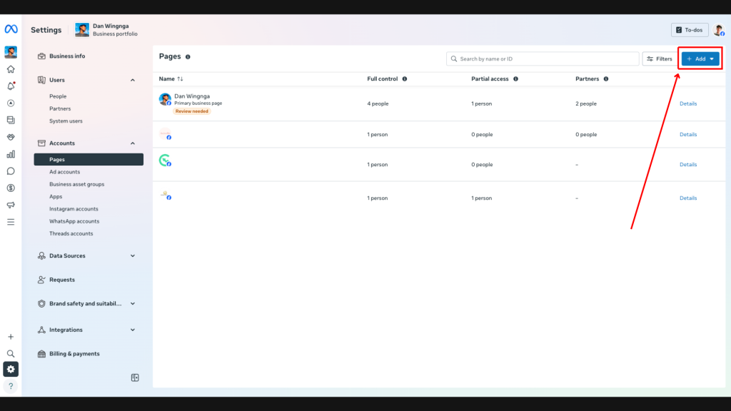 Meta Business Settings Pages section showing a Facebook Page connected to a Meta Business Portfolio.