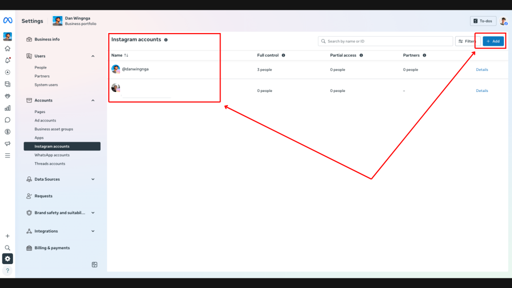 Meta Business Settings Instagram Accounts section showing a connected Instagram account inside Meta Business Portfolio.