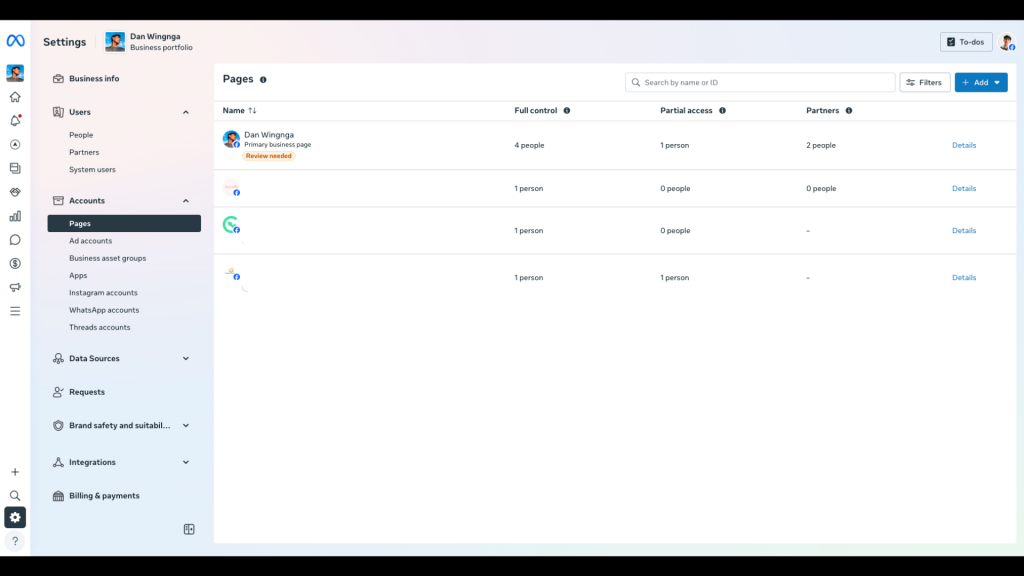 Meta Business Settings screen showing options to add a Facebook Page, request access, or create a new Page.