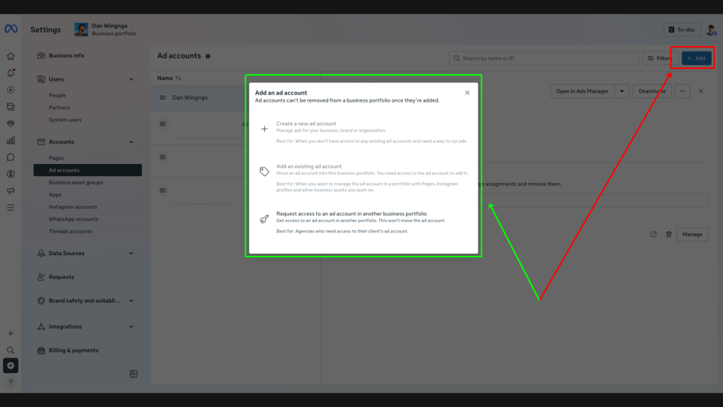 Meta Business Settings Ad Accounts section showing a connected ad account inside Meta Business Portfolio.