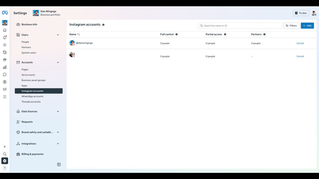 Meta Business Settings Instagram Accounts section showing the Add button to connect an Instagram account.