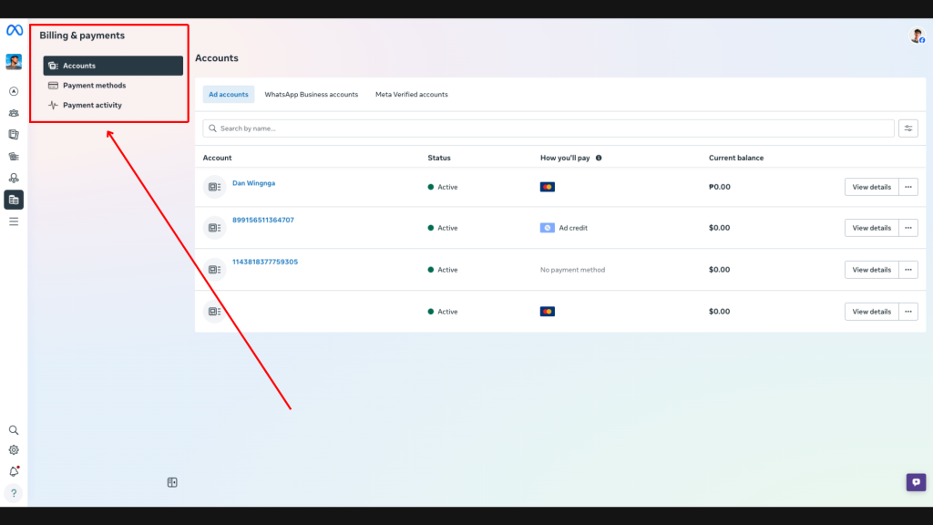 Meta Ads billing or payment settings screen showing payment method setup inside an ad account.