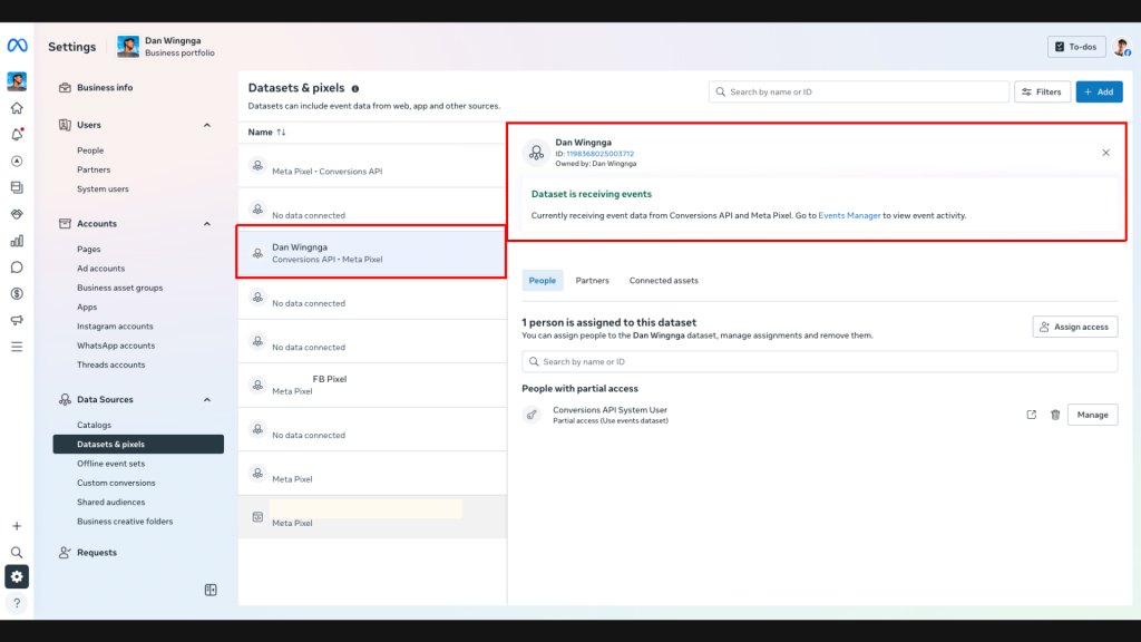 Meta Pixel setup screen in Events Manager or Meta Business Settings showing pixel creation or connection.