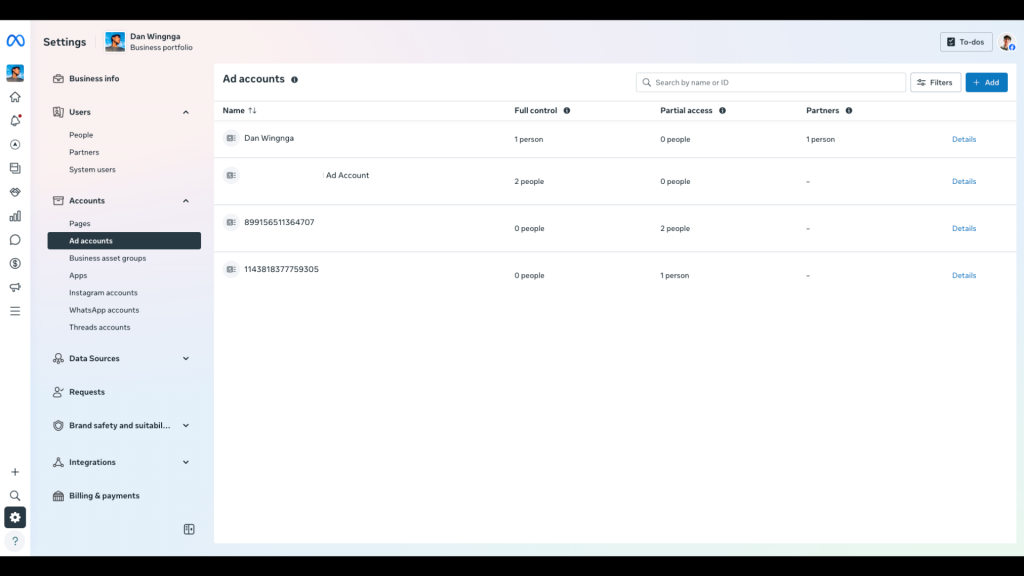 Meta Business Settings Ad Accounts section showing the Add button and options to create or request access to an ad account.