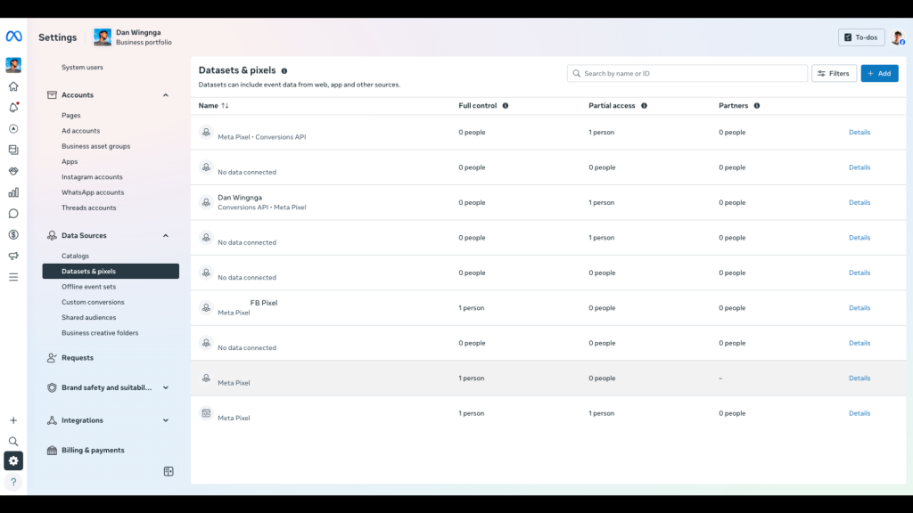Meta Business Settings or Events Manager screen showing the option to add and set up a Meta Pixel.