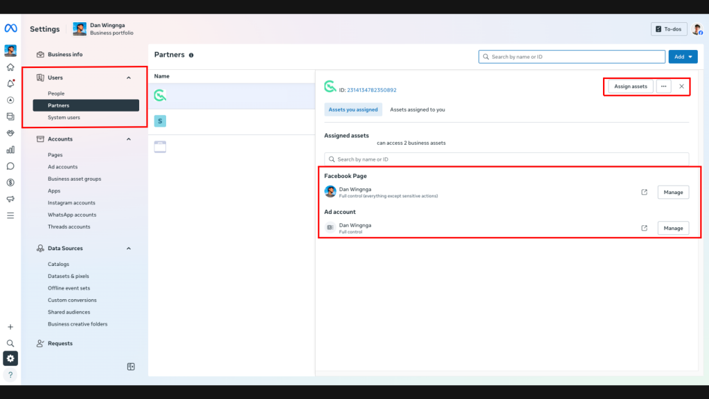 Meta Business Settings People or Partners section showing user access and permissions inside Meta Business Portfolio.