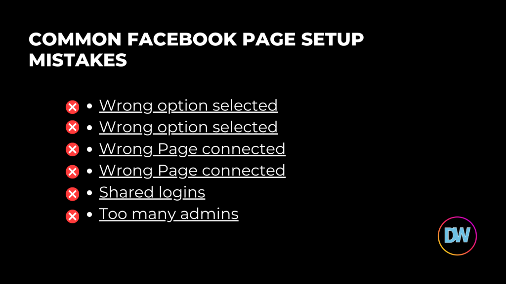 Checklist graphic showing common Facebook Page setup mistakes such as duplicates, wrong ownership, and incorrect permissions.