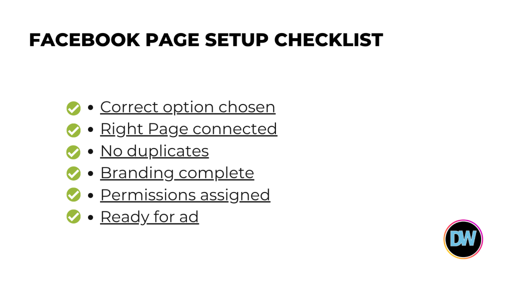 Facebook Page setup checklist graphic for Meta Business Portfolio including ownership, permissions, branding, and access.