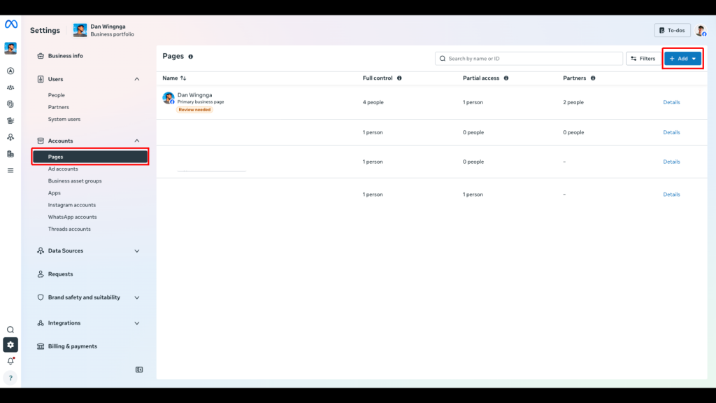 Meta Business Settings Pages section showing a Facebook Page connected inside Meta Business Portfolio.
