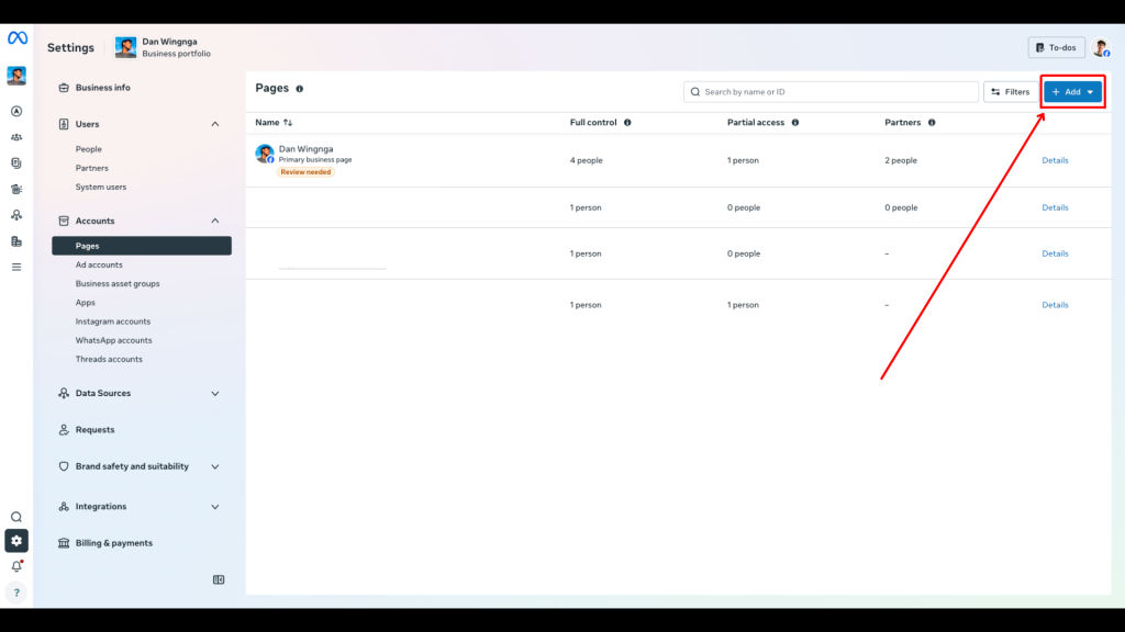 Meta Business Settings sidebar showing the Pages section inside Accounts.