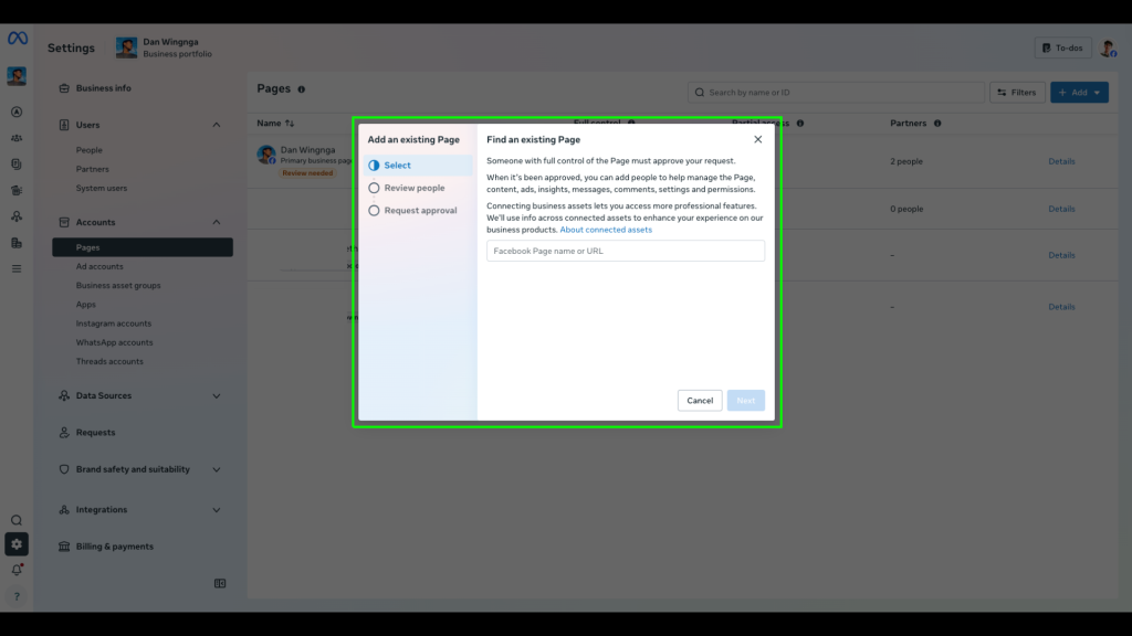 Meta Business Settings dialog showing the option to add a Facebook Page in Meta Business Portfolio.