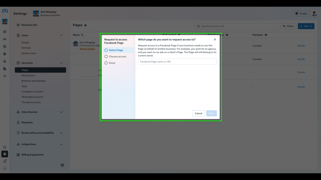 Meta Business Settings dialog showing the option to request access to a Facebook Page in Meta Business Portfolio.