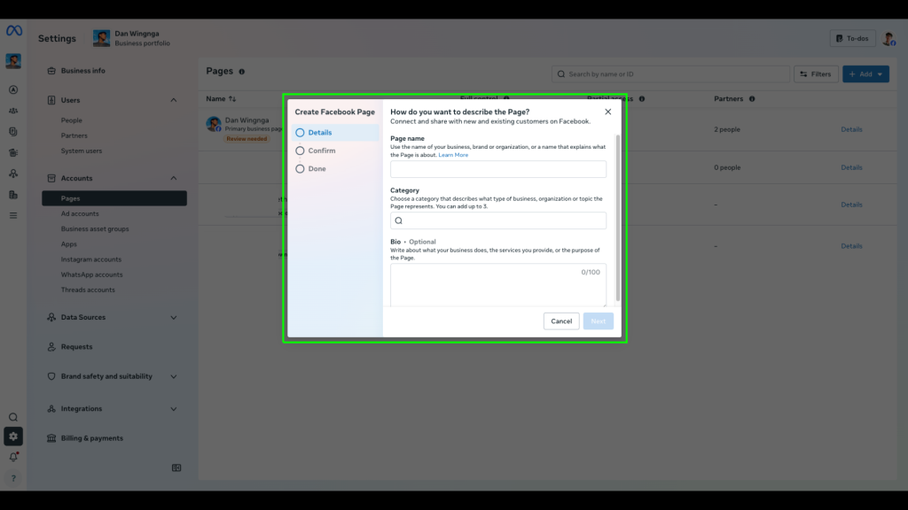 Meta Business Settings screen showing the process of selecting or confirming an existing Facebook Page to add.