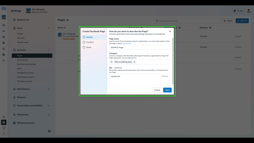 Meta Business Settings dialog showing the option to create a new Facebook Page in Meta Business Portfolio.