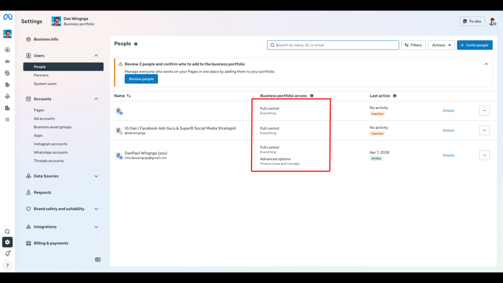 Meta Business Settings screen showing people or user permissions for a Facebook Page.