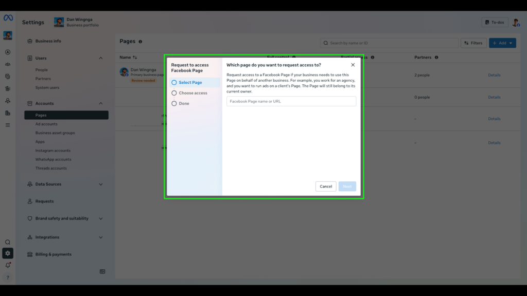 Meta Business Settings screen showing the process of requesting access to a Facebook Page.